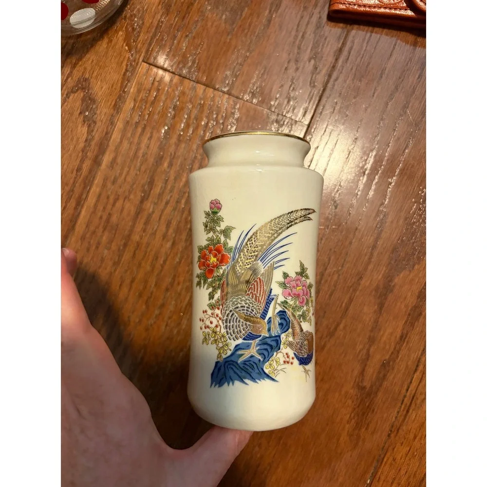 Vintage‎ Japanese Bud Vase Pheasant Floral Gold Gilt Cream 6 in